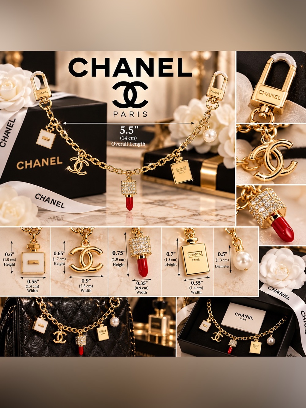 Gold Tone Charm Bag Chain Charm with Red and Crystal Accents